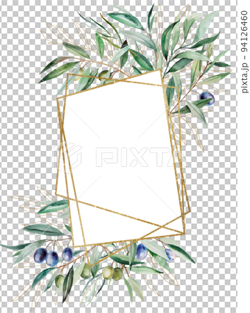 Geometric frame made of watercolor olive twigs with leaves and fruits, wedding illustration 94126460