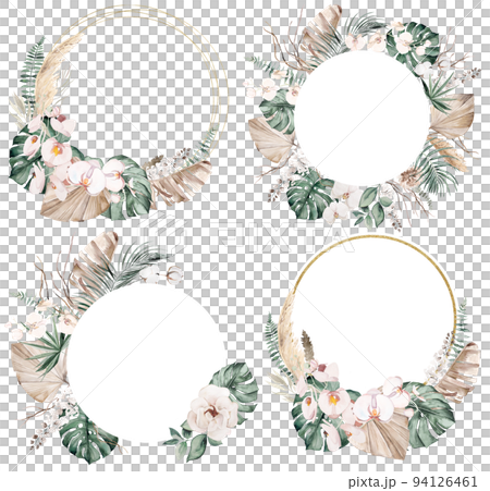 Boho Wedding Watercolor frames with beige and teal green tropical leaves and orchid flowers illustration 94126461