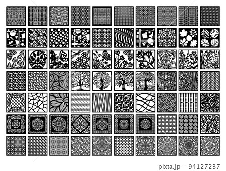 Large set of square panels. Abstract geometric pattern, floral motif or antique ornament. Vector template for laser cutting of metal lattice, wall painting, stencil, openwork napkin, wood carving, cnc Large set of square panels. Abstract geometric pattern, floral motif or antique ornament. Vector template for laser cutting of metal lattice, wall painting, stencil, openwork napkin, wood carving, cnc 94127237