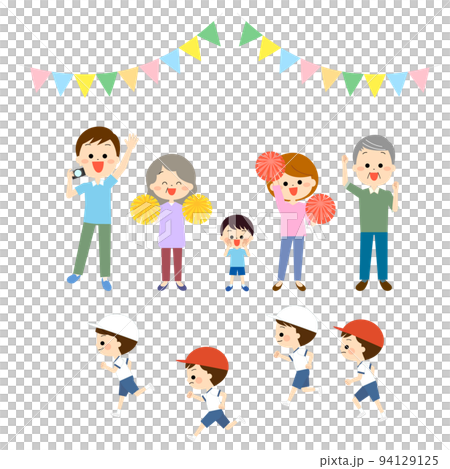 走る子どもの応援をする家族 94129125