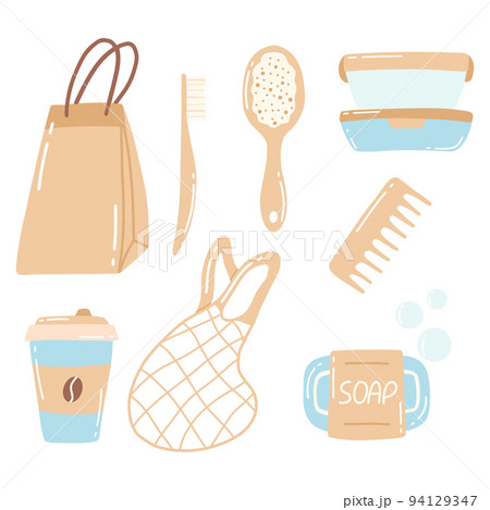 Collection of durable and reusable items or Zero Waste products - eco-friendly grocery bags, wooden comb, toothbrush, container. Flat vector illustration. Collection of durable and reusable items or Zero Waste products - eco-friendly grocery bags, wooden comb, toothbrush, container. Flat vector illustration. 94129347