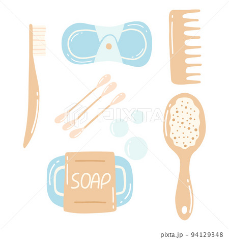 Collection of durable and reusable items or Zero Waste products - eco-friendly , wooden comb, toothbrush. Flat vector illustration. 94129348