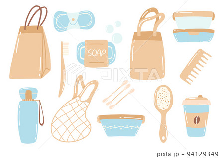Collection of durable and reusable items or Zero Waste products - glass jars, eco-friendly grocery bags, wooden comb, toothbrush, container, thermo mug. Flat vector illustration. 94129349