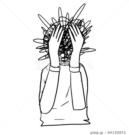 hand drawn confusion concept. Girl with anxiety touch head surrounded by think Mental disorder and chaos in consciousness, finding answers. vector illustration. 94130953