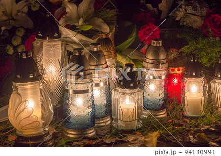 Cemetery candles at All Souls' Day, also known as the Commemoration of All the Faithful Departed and the Day of the Dead. 94130991