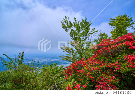 茨城の百名山 春の筑波山頂(男体山)のつつじと南側の風景 94131536