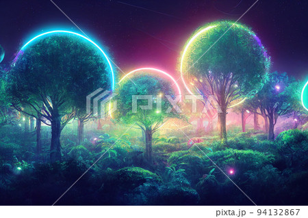 Illustration fantasy of neon forest. Glowing colorful look like fairytale. 94132867