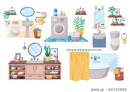 Bathroom interior. Toilet room with sink and bath. Cat closet. Washbasin or washing machine. Mirror with shelves. Stylish cabinet. Laundry basket. Toiletries and towels. Vector flat restroom decor set 94135900