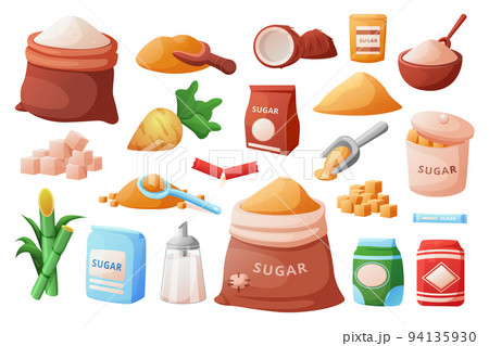 Sugar package. Organic vegetation cellulose packaging. Sugarcane and beet. Production in sticks. Sweet harvest. Heaps and cube pieces. Grocery glucose product bags. Vector flat cartoon sweeteners set 94135930