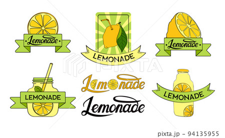 Lemonade stickers, fresh lemon label with text. Citrus logo badge, drink emblem, retro stamp posters collection. Cold summer beverage. Whole half and slice, glass bottle. Vector design illustration 94135955