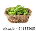 Hop cones in a straw basket on a white background. Green fresh hop cones for making beer and bread closeup. Hops are main ingredients in Beer production. 94135985