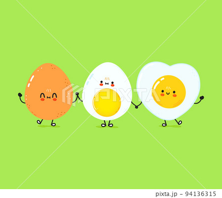 Cute happy boiled egg and fried egg card. Vector hand drawn doodle style cartoon character illustration icon design. Happy boiled egg and fried egg friends concept card 94136315