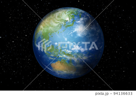 宇宙空間に静かに浮かぶ光り輝く美しい地球ーイラスト素材 94136633