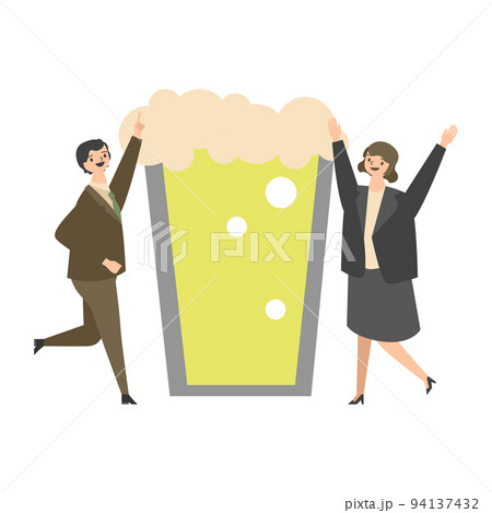 巨大なビールと喜ぶビジネスパーソンのイラスト 巨大なビールと喜ぶビジネスパーソンのイラスト 94137432