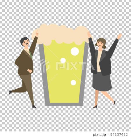 巨大なビールと喜ぶビジネスパーソンのイラスト 巨大なビールと喜ぶビジネスパーソンのイラスト 94137432