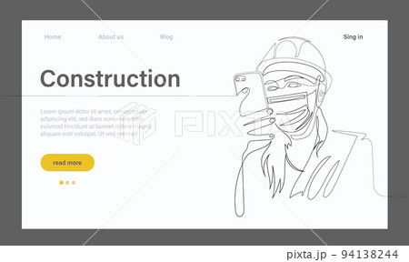 Vector landing page of architecture works with protective face masks for safety in machine industrial factory. Continuous one line drawing for your minimal design 94138244