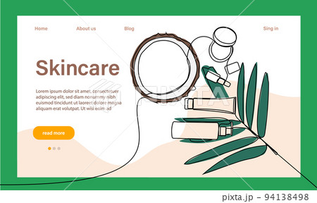 Skin care concept. Landing page template. Morning routine. Bath time. Organic products for scrubbing and body skin care with natural herbal skin care products, top view. Vector illustration 94138498