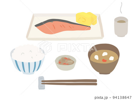 和食ごはん 鮭の塩焼き定食の手描きイラスト 94138647