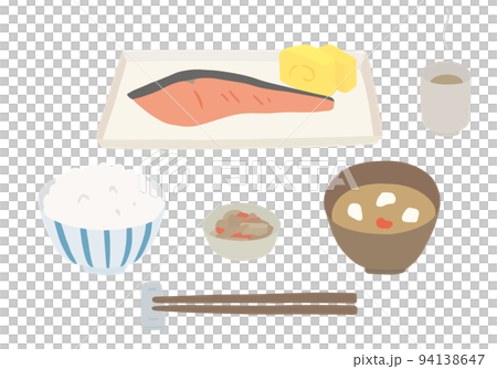 和食ごはん 鮭の塩焼き定食の手描きイラスト 94138647