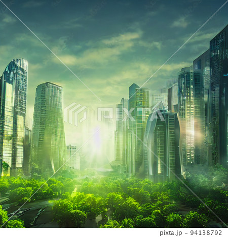 Green city of the future. Eco City of the future. Harmony of city and nature. Sunny day in the big city. 3d illustration 94138792
