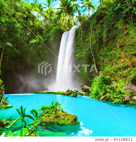 tropical rainforest waterfalls with flowers