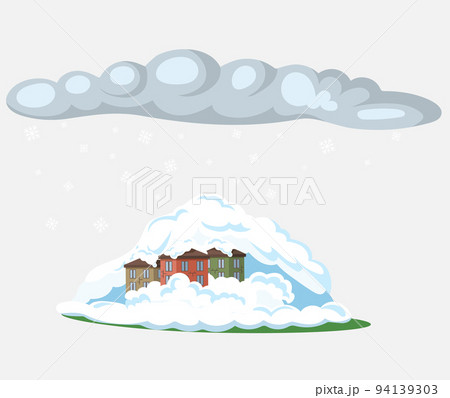 Snow avalanche covered house. Change climate concept. Melting glaciers due to global warming Snow avalanche covered house. Change climate concept. Melting glaciers due to global warming 94139303