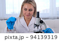 Young scientist laboratory assistant looks through a microscope in the laboratory. A young scientist 94139319