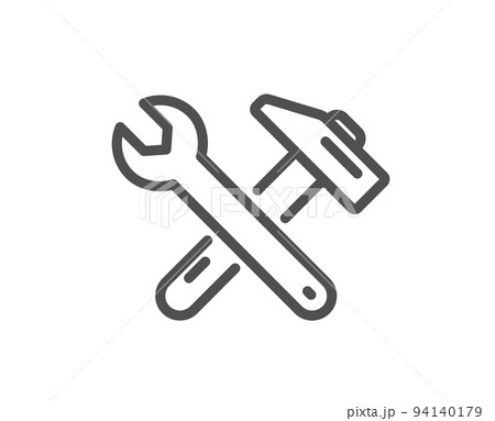 Spanner and hammer line icon. Repair service sign. Fix instruments symbol. Quality design element. Linear style spanner tool icon. Editable stroke. Vector 94140179