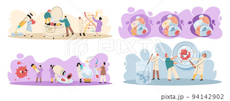 Antivirus vaccine. Scientists conducting scientific researches team of laboratory assistants with test tubes scenes set Antivirus vaccine. Scientists conducting scientific researches team of laboratory assistants with test tubes scenes set 94142902
