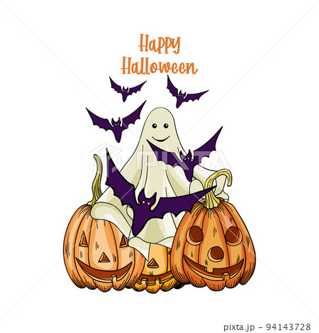 Happy Halloween background. Ghost pumpkin with bats., a cute ghost. isolated on white background, design for holiday, for kids 94143728