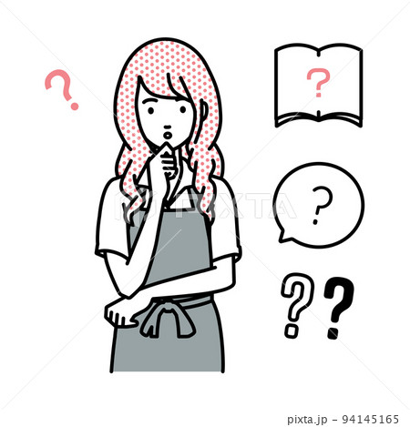 立って手をあごにあてて疑問を感じている店員の女性 クエスチョンマークのセット 立って手をあごにあてて疑問を感じている店員の女性 クエスチョンマークのセット 94145165