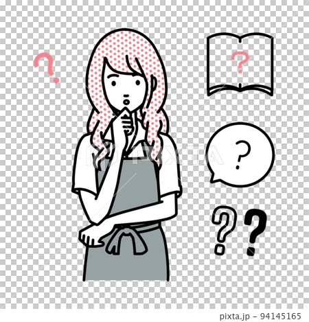 立って手をあごにあてて疑問を感じている店員の女性 クエスチョンマークのセット 立って手をあごにあてて疑問を感じている店員の女性 クエスチョンマークのセット 94145165
