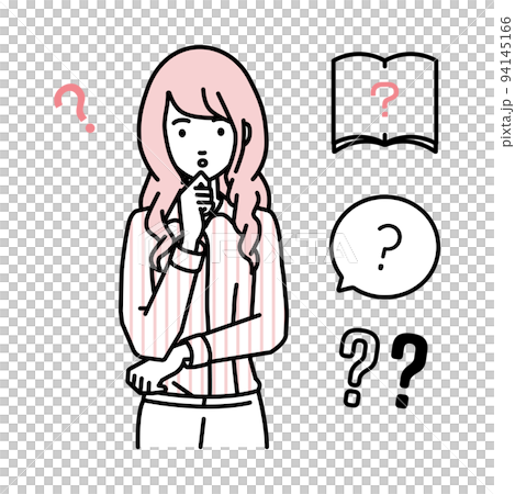 A woman in a blouse standing and feeling doubts with her hands on her chin Set of question marks 94145166