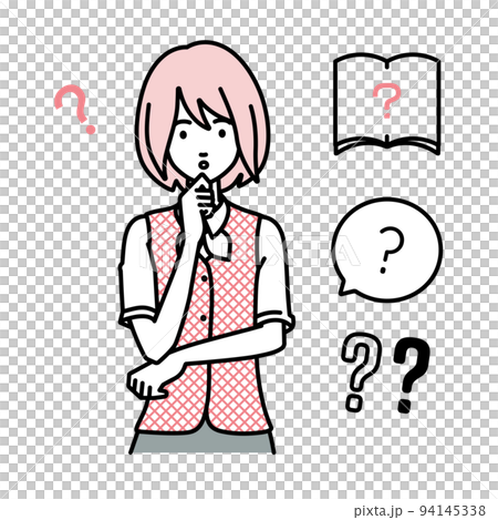 一組問號,給一個穿著職員制服的女人站著,雙手放在下巴上感到懷疑 一組問號,給一個穿著職員制服的女人站著,雙手放在下巴上感到懷疑 94145338