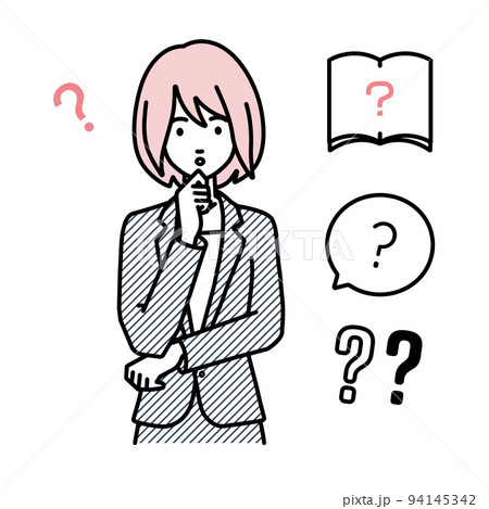 立って手をあごにあてて疑問を感じているスーツの女性 クエスチョンマークのセット 94145342