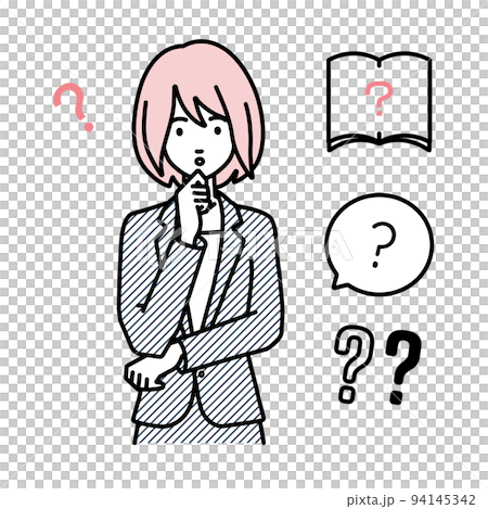 立って手をあごにあてて疑問を感じているスーツの女性 クエスチョンマークのセット 94145342
