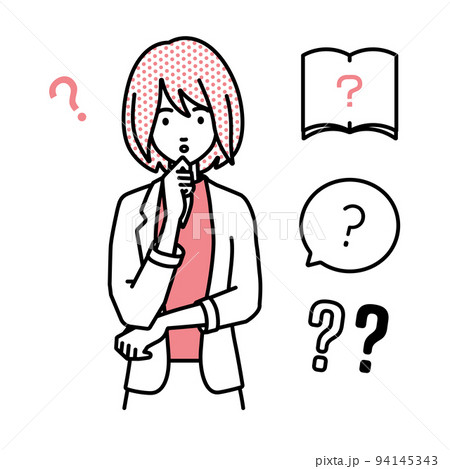 立って手をあごにあてて疑問を感じているジャケットの女性 クエスチョンマークのセット 94145343