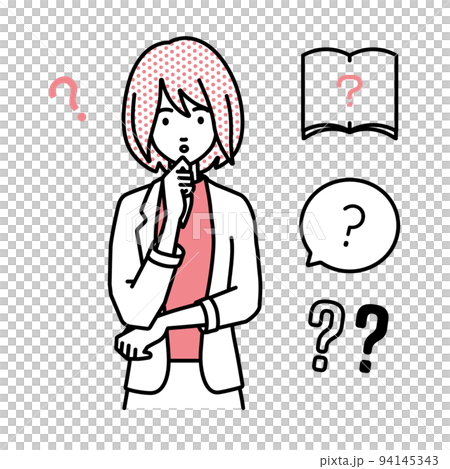 立って手をあごにあてて疑問を感じているジャケットの女性 クエスチョンマークのセット 94145343