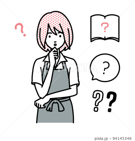 立って手をあごにあてて疑問を感じている店員の女性 クエスチョンマークのセット 94145346