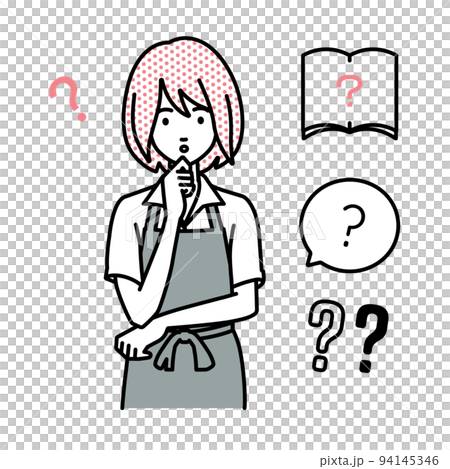 立って手をあごにあてて疑問を感じている店員の女性 クエスチョンマークのセット 94145346