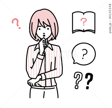 立って手をあごにあてて疑問を感じているブラウスの女性 クエスチョンマークのセット 立って手をあごにあてて疑問を感じているブラウスの女性 クエスチョンマークのセット 94145348