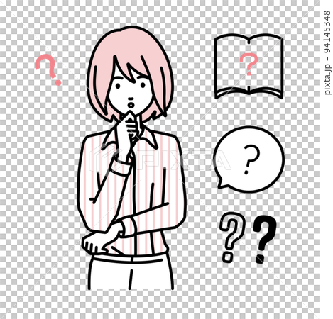 立って手をあごにあてて疑問を感じているブラウスの女性 クエスチョンマークのセット 立って手をあごにあてて疑問を感じているブラウスの女性 クエスチョンマークのセット 94145348