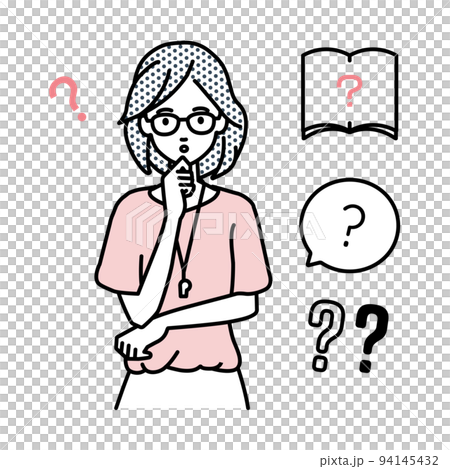 一組女教師問號站著，雙手放在下巴上感到懷疑 94145432
