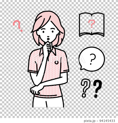 一個穿著馬球衫的女人站著，把手放在下巴上，感到懷疑 94145433