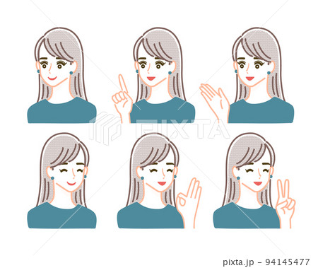 笑顔のストレートヘアの女性の上半身・斜め向きのイラストセット 94145477