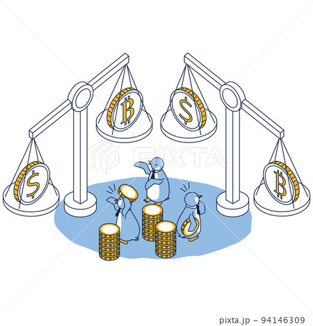 仮想通貨への投資を迷っているペンギンのアイソメイラスト 仮想通貨への投資を迷っているペンギンのアイソメイラスト 94146309