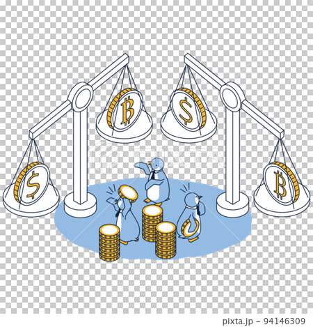 仮想通貨への投資を迷っているペンギンのアイソメイラスト 仮想通貨への投資を迷っているペンギンのアイソメイラスト 94146309