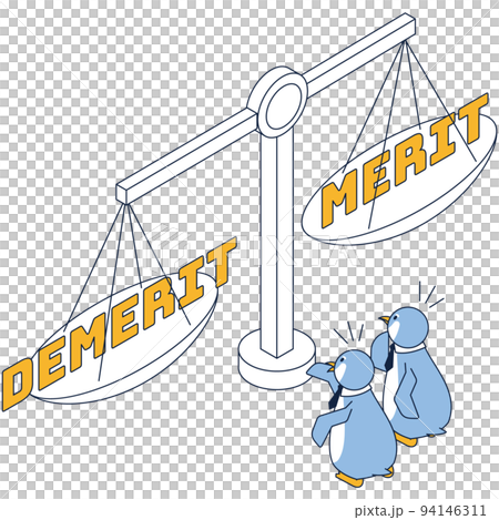 サービスのメリットとデメリットを比較しているペンギンのアイソメイラスト 94146311