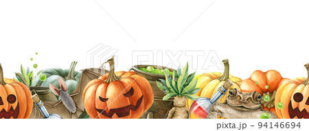 Halloween witchcraft style seamless border. Watercolor illustration. Hand drawn pumpkins with scary faces, witch pot with potion, toad, mandrake, bat in seamless border element. White background 94146694