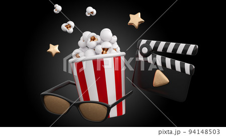 3d popcorn and glasses. Cinema, movie, film, entertainment concept background in trendy plastic colors. High quality isolated render 94148503